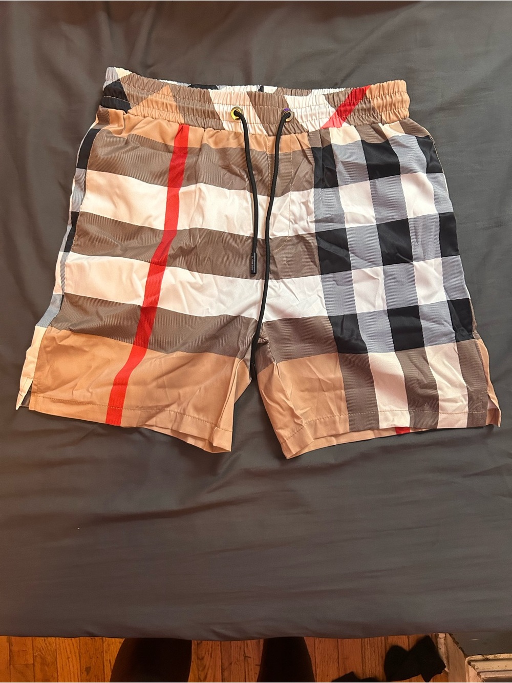 Burberry Beige Plaid Swim Trunks with Red Stripe